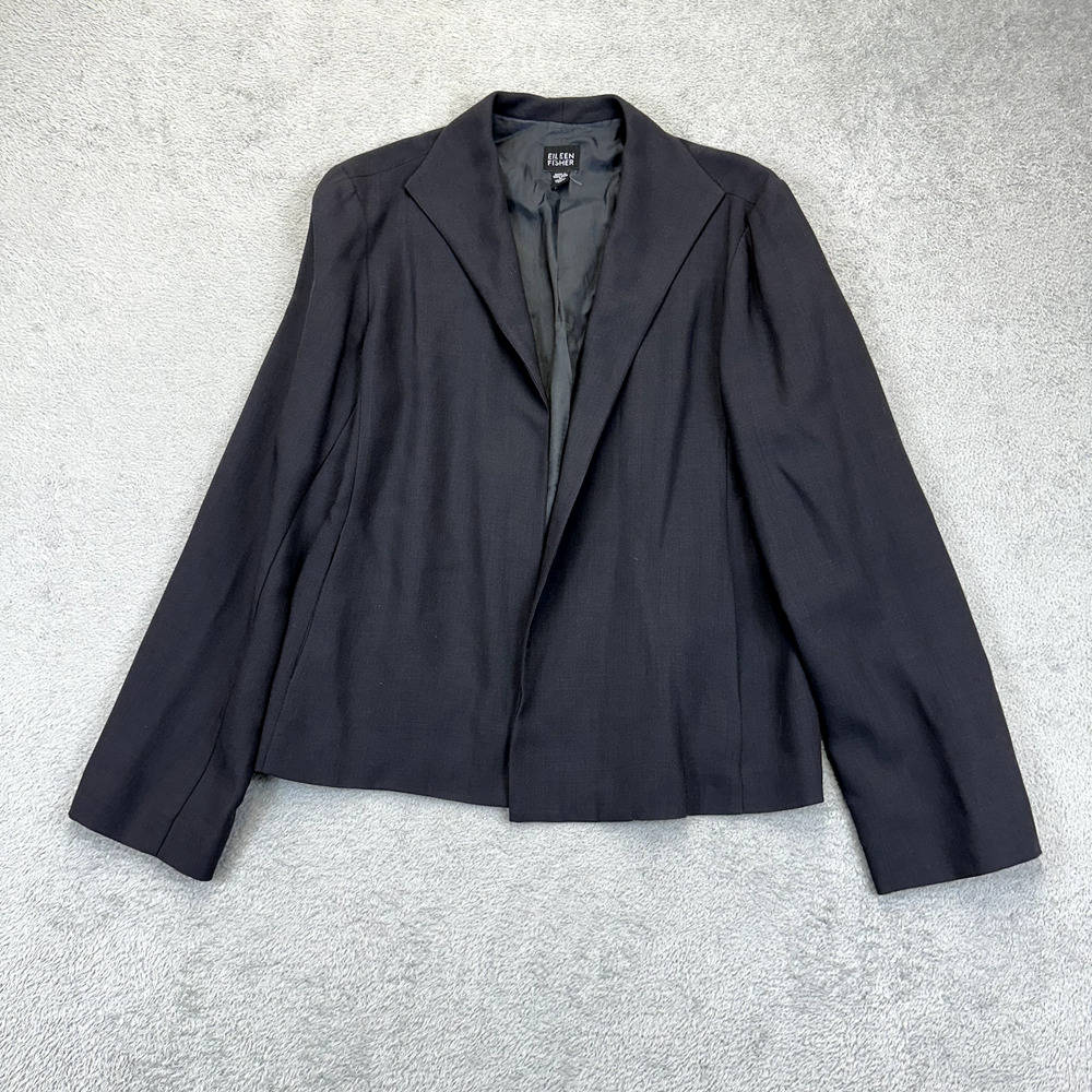 Eileen Fisher Sz M Fine Black 100% Wool Minimalist Open Jacket Blazer Office